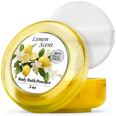 R-NEU body powder lemon bottle with puff for soft, refreshed skin after bath.