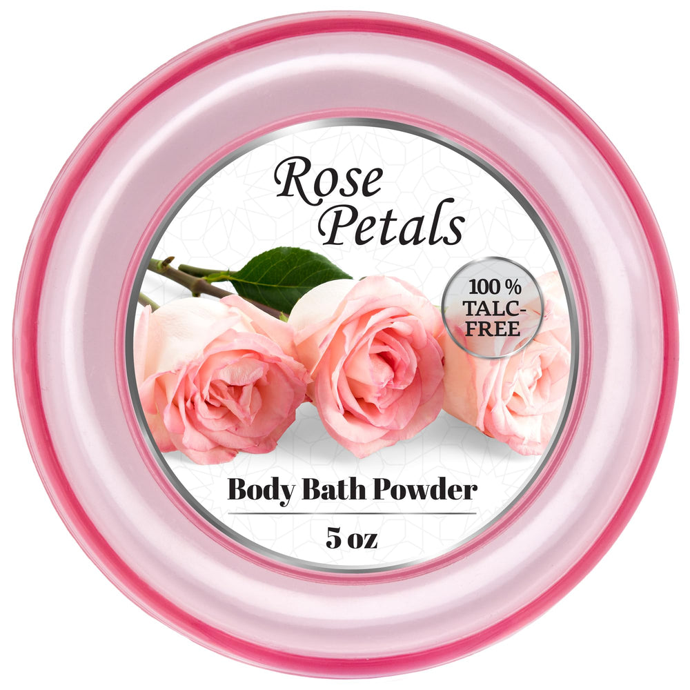 R-NEU Rose Petal Dusting Powder bottle with elegant fragrance.