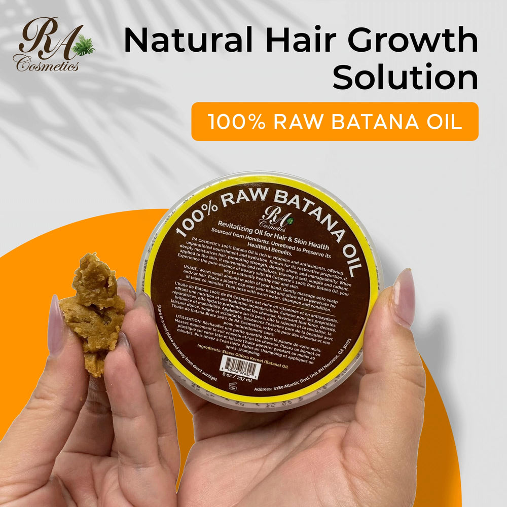 RA COSMETICS Batana Oil packaging highlighting natural ingredients for at-home care
