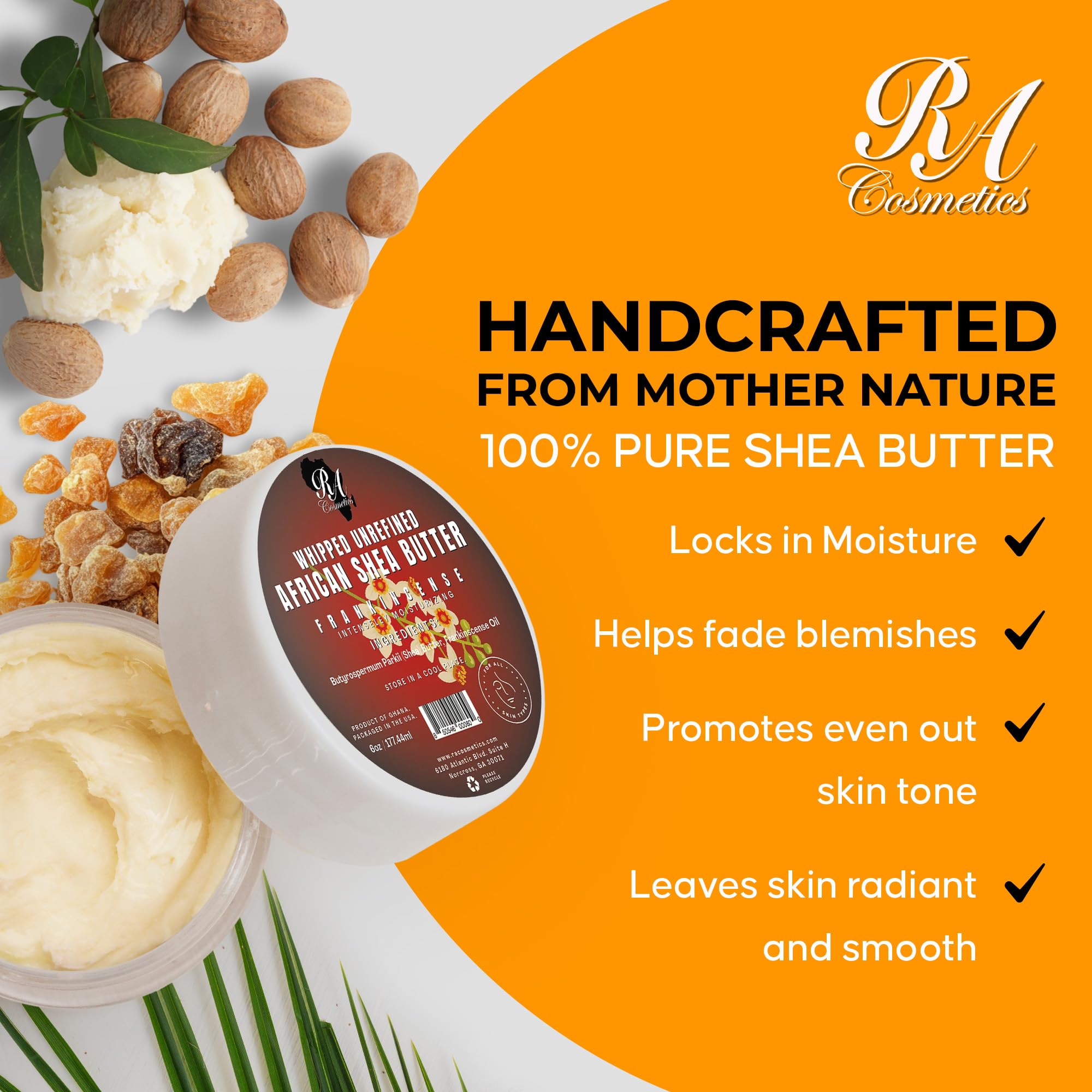 Fragrance of frankincense in RA COSMETICS shea butter bottle