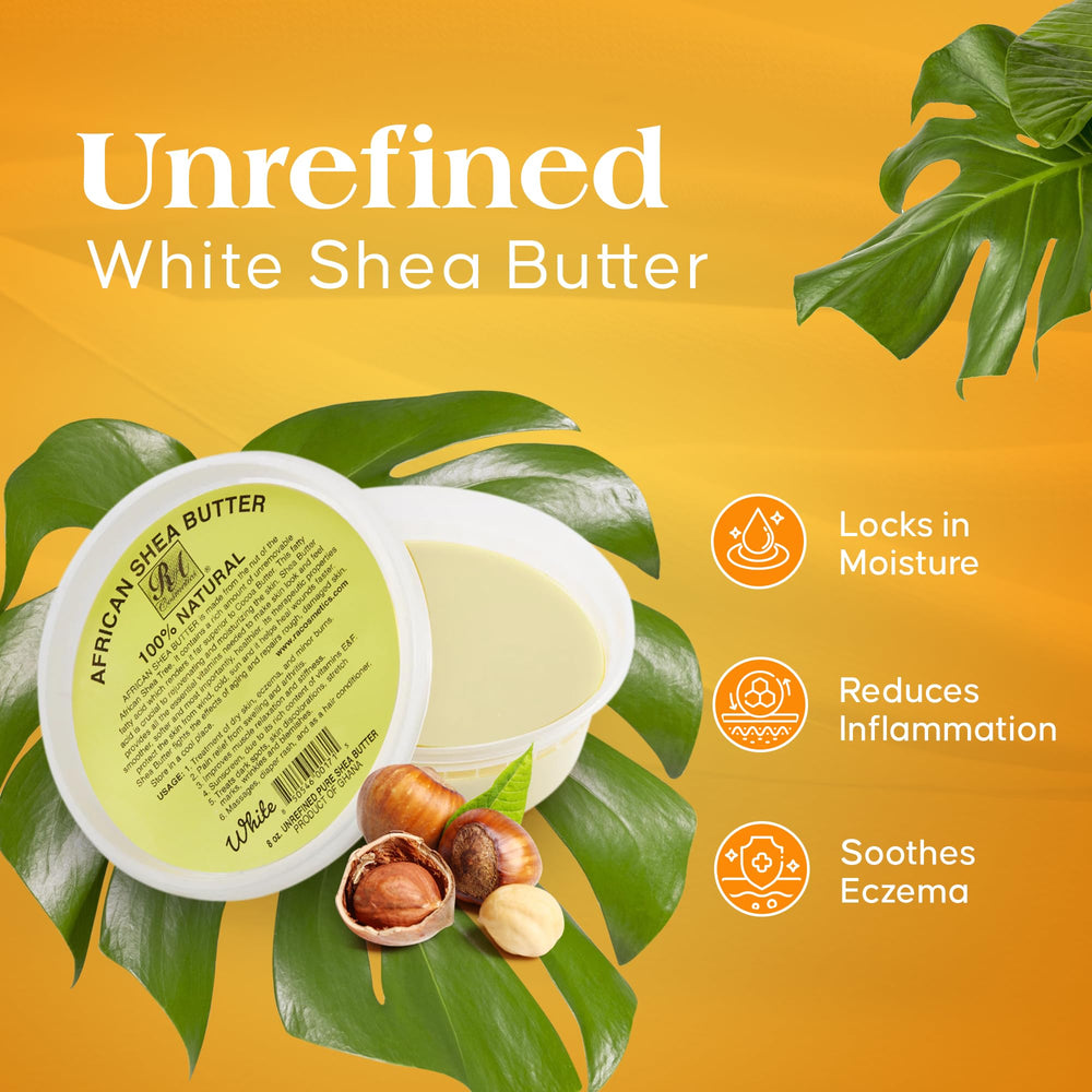 RA COSMETICS Ghana-origin shea butter jar highlighting natural fatty acids for softness