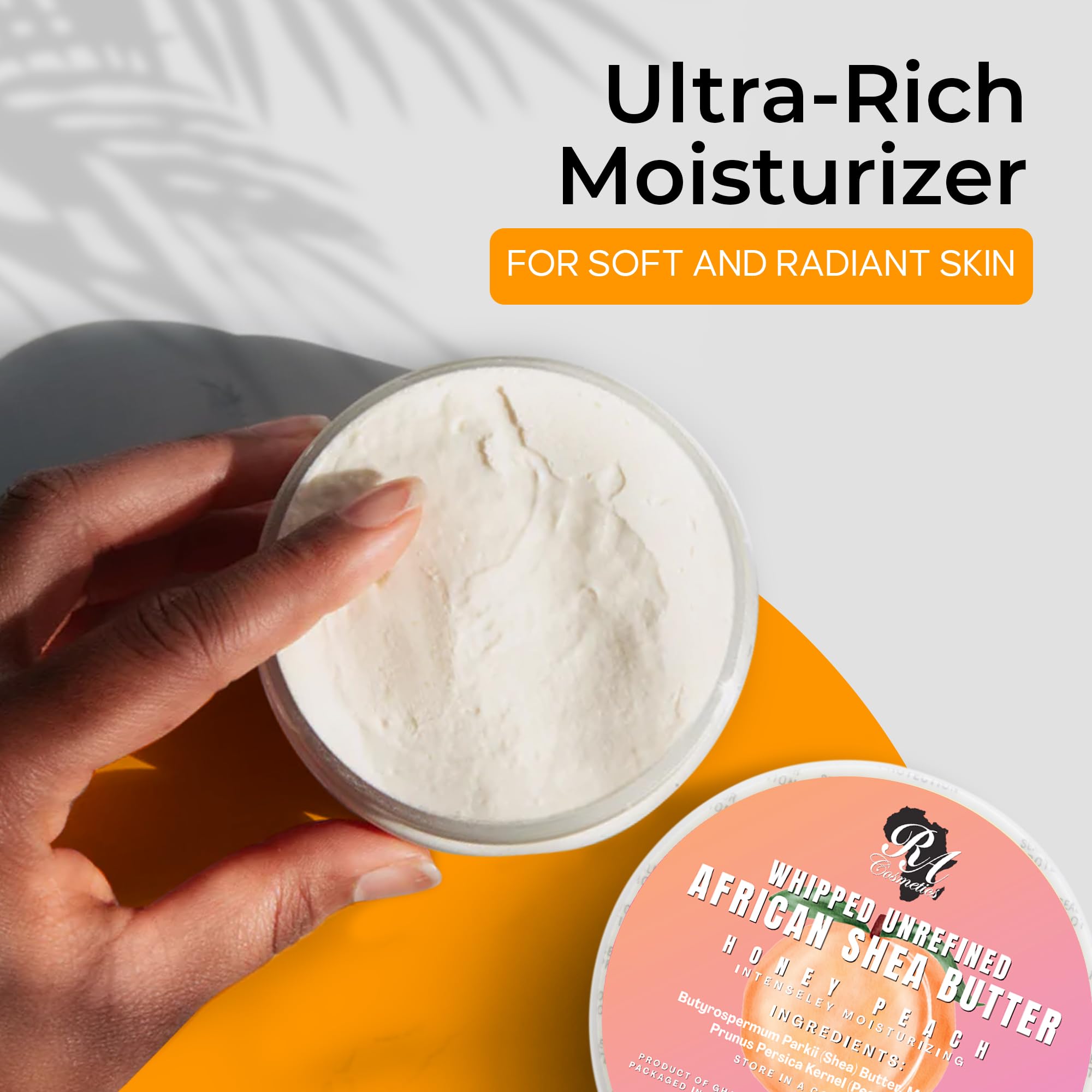 RA COSMETICS whipped-shea-butter honey peach swatch reveals rich texture and fragrance