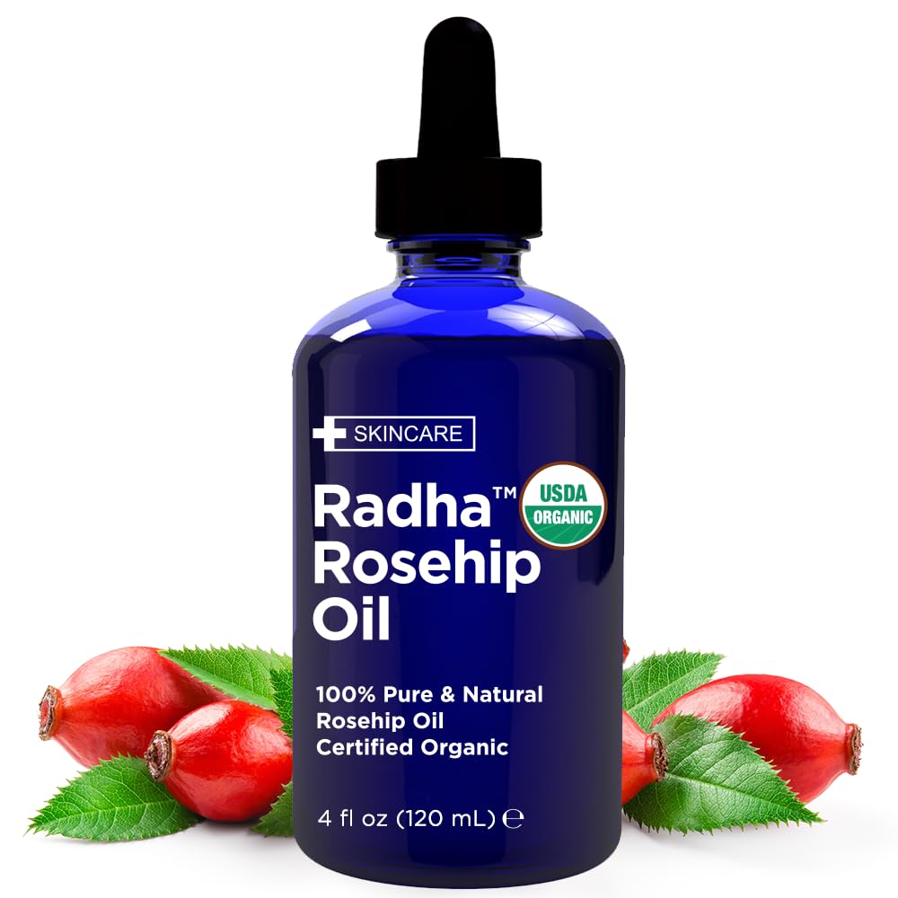 Radha Beauty Rosehip Seed Oil 4oz bottle hydrates facial skin.