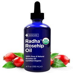 Radha Beauty Rosehip Seed Oil 4oz bottle hydrates facial skin.