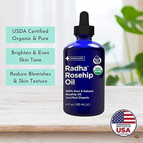 Radha Beauty Rosehip Seed Oil face application demonstrates quick-absorbing hydration.