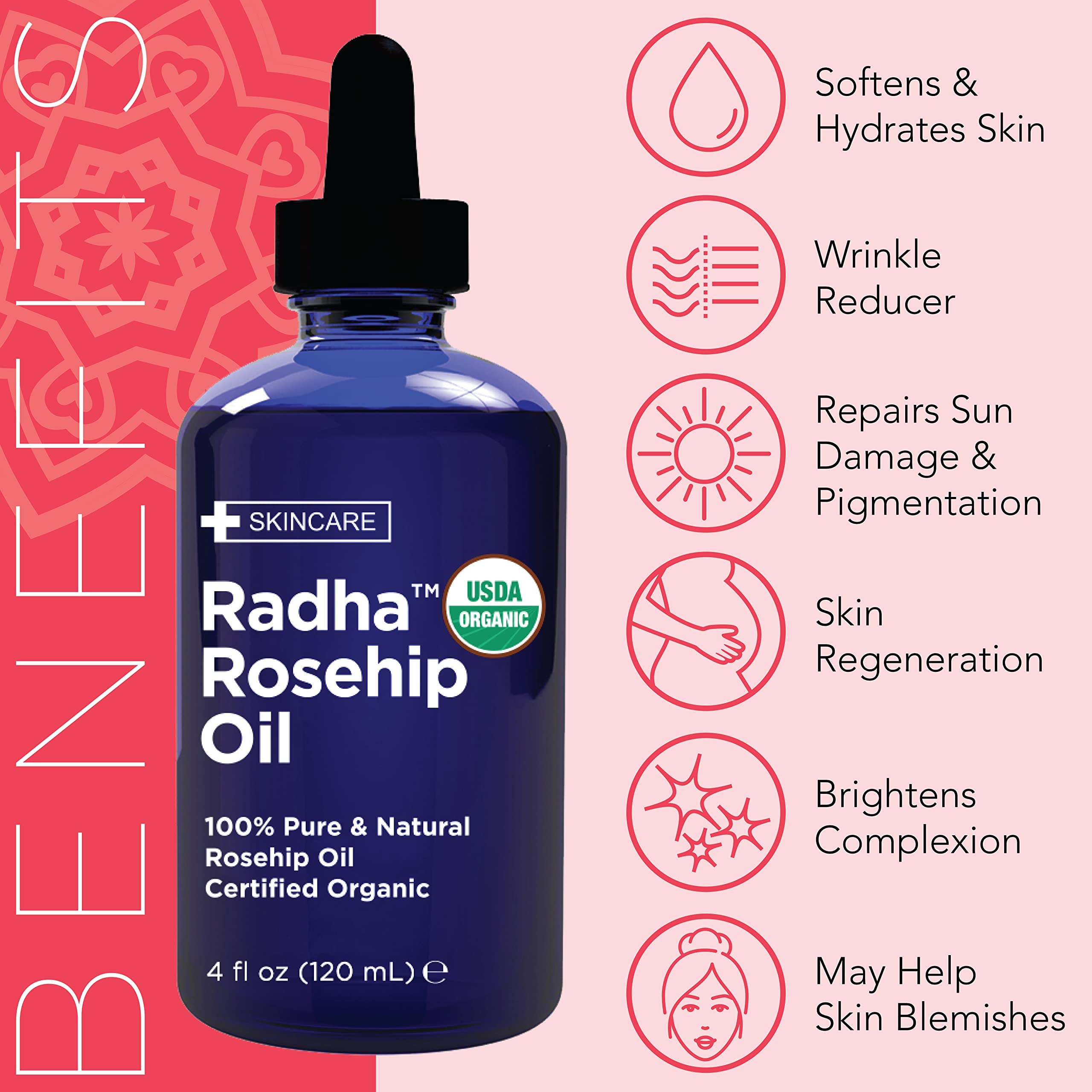 Radha Beauty Rosehip Seed Oil for hair and nails shows shine and cuticle care.