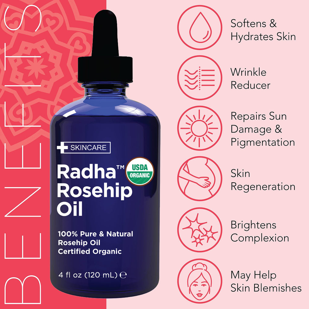 Radha Beauty Rosehip Seed Oil for hair and nails shows shine and cuticle care.