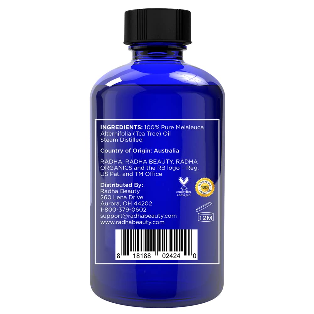 Radha Beauty Tea Tree Oil dropper cap for precise blends and massage applications.