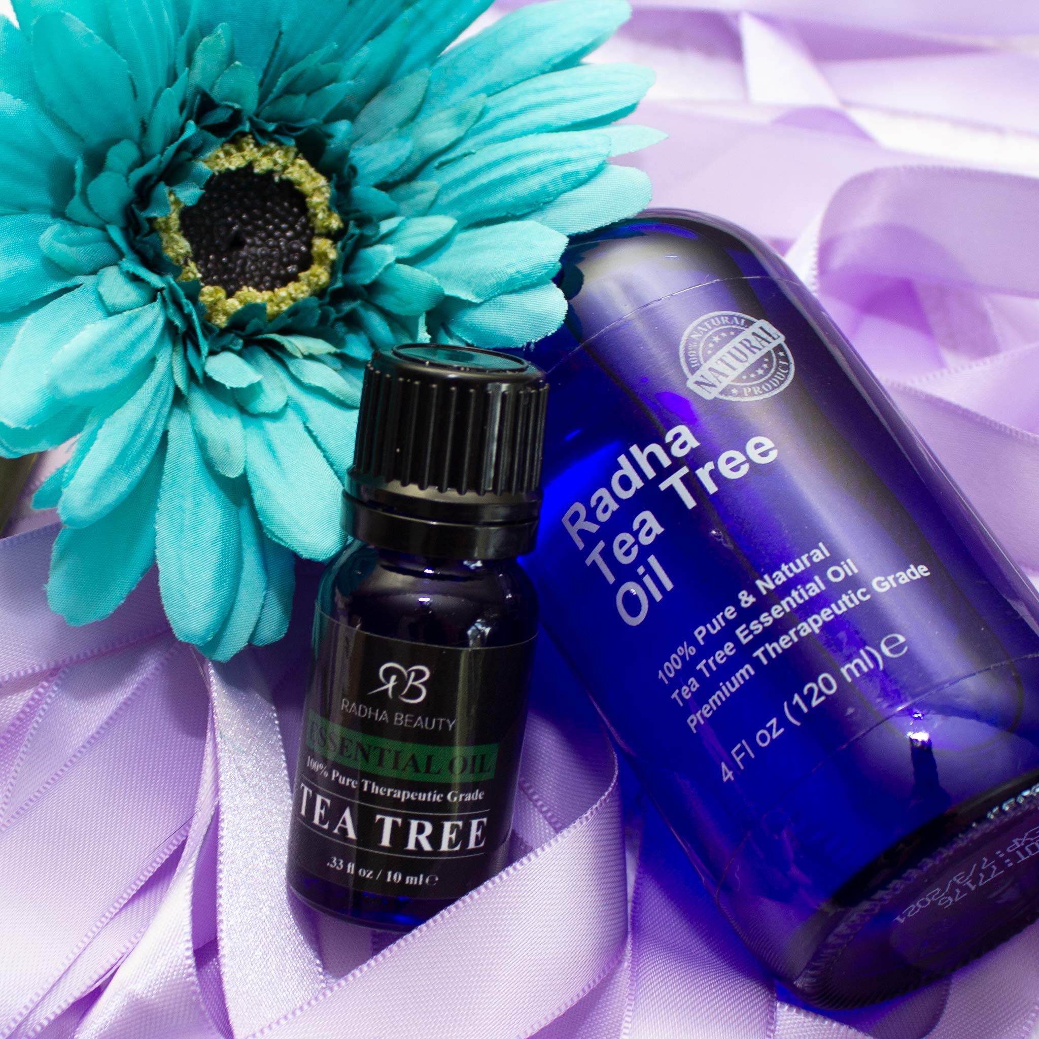 Radha Beauty Tea Tree Oil bottle used in skincare for blemish-prone skin.