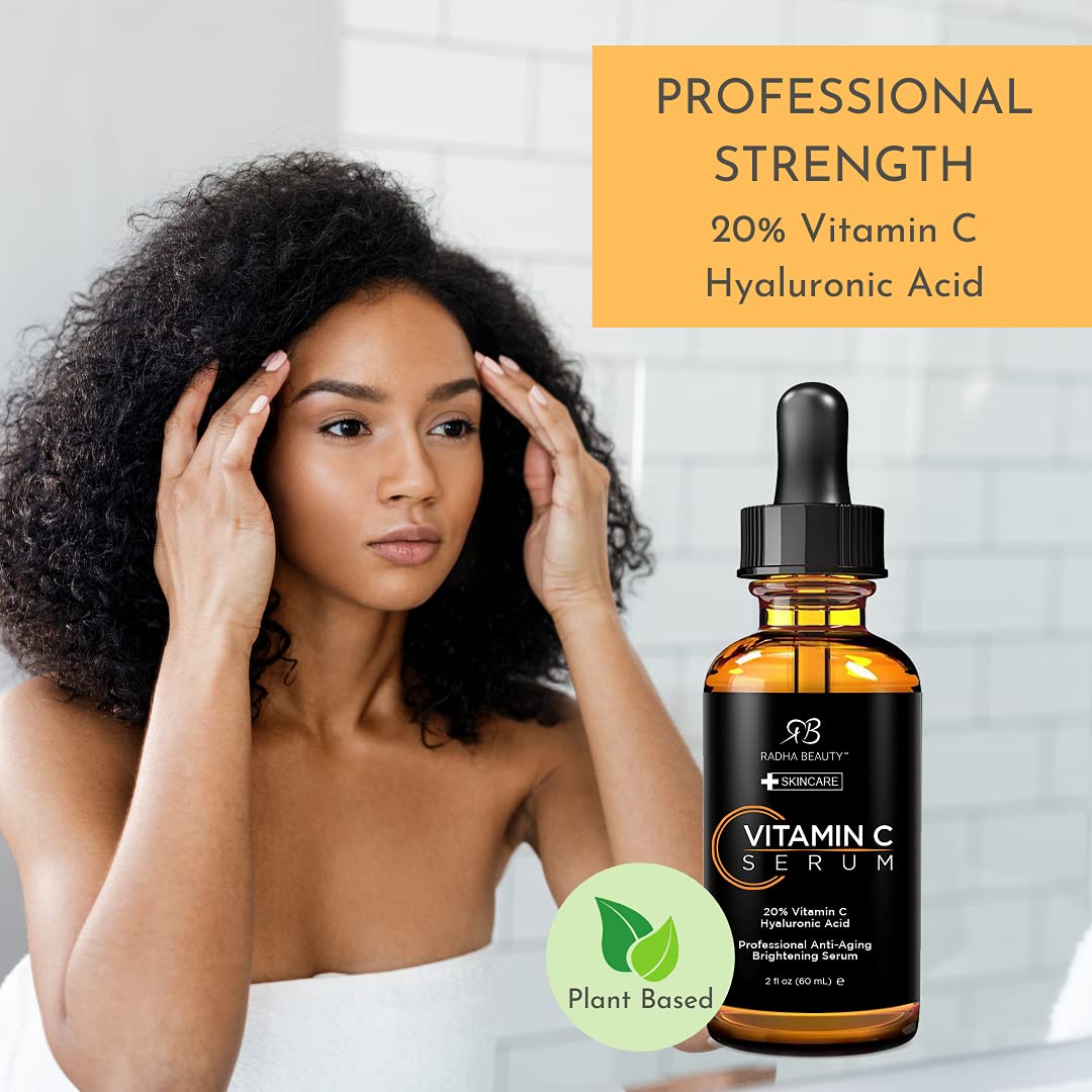 Radha Beauty Vitamin C Serum featuring green tea and aloe nourishes daytime skin.