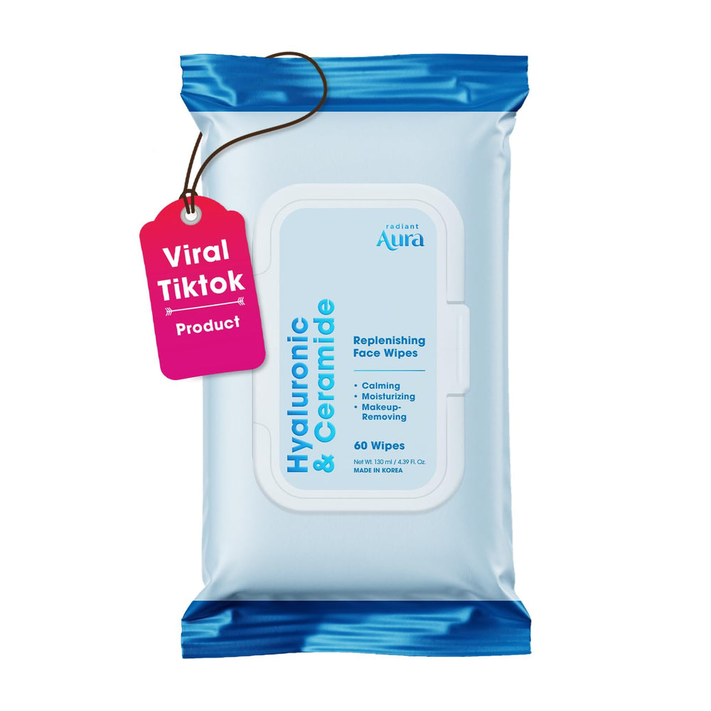 Radiant Aura hyaluronic ceramide wipes pack open for daily hydration and gentle cleansing