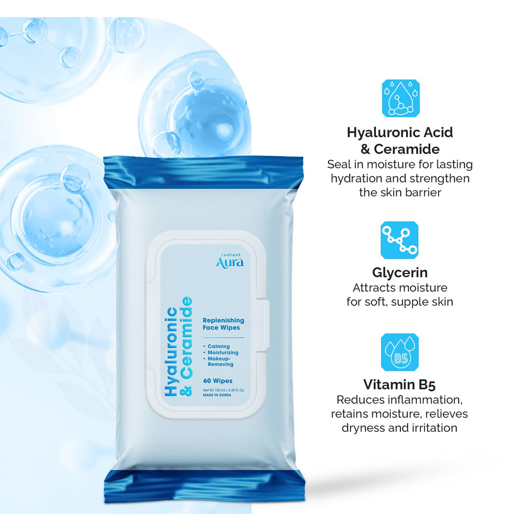 Radiant Aura travel-pack wipes in gym bag for on-the-go refreshment