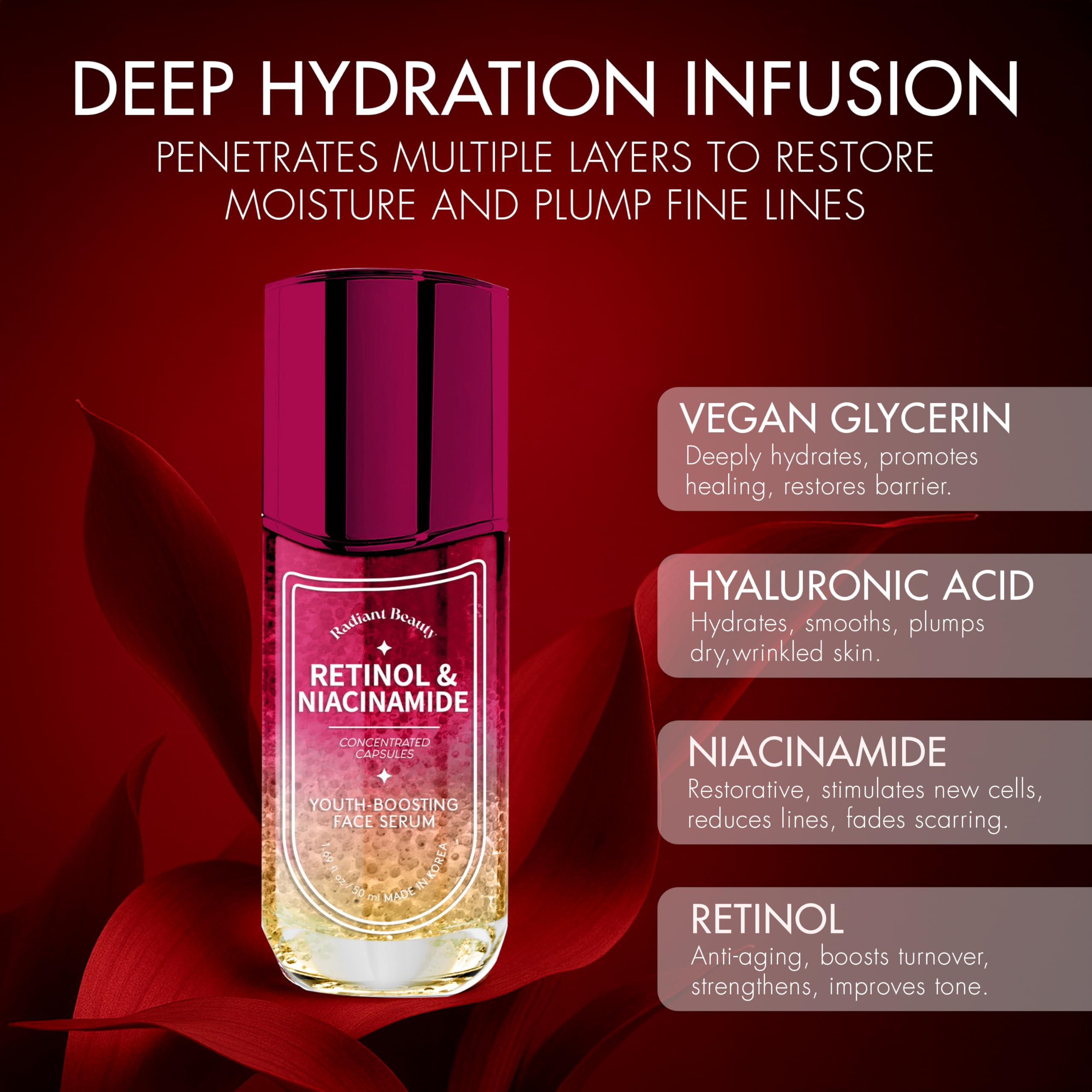 Radiant Beauty macadamia oil serum closeup suggesting nourishing feel.