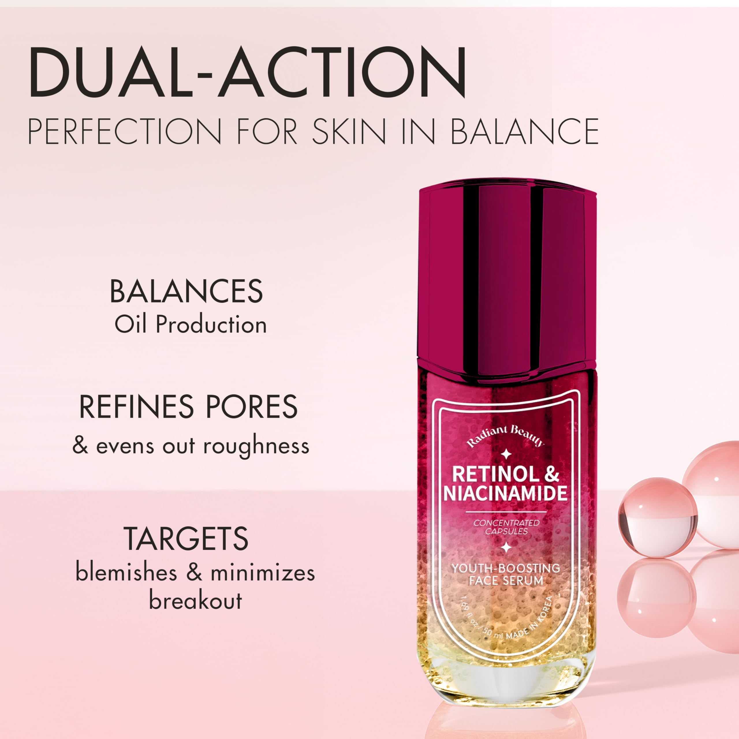 Radiant Beauty retinol serum dropper showing precise application.