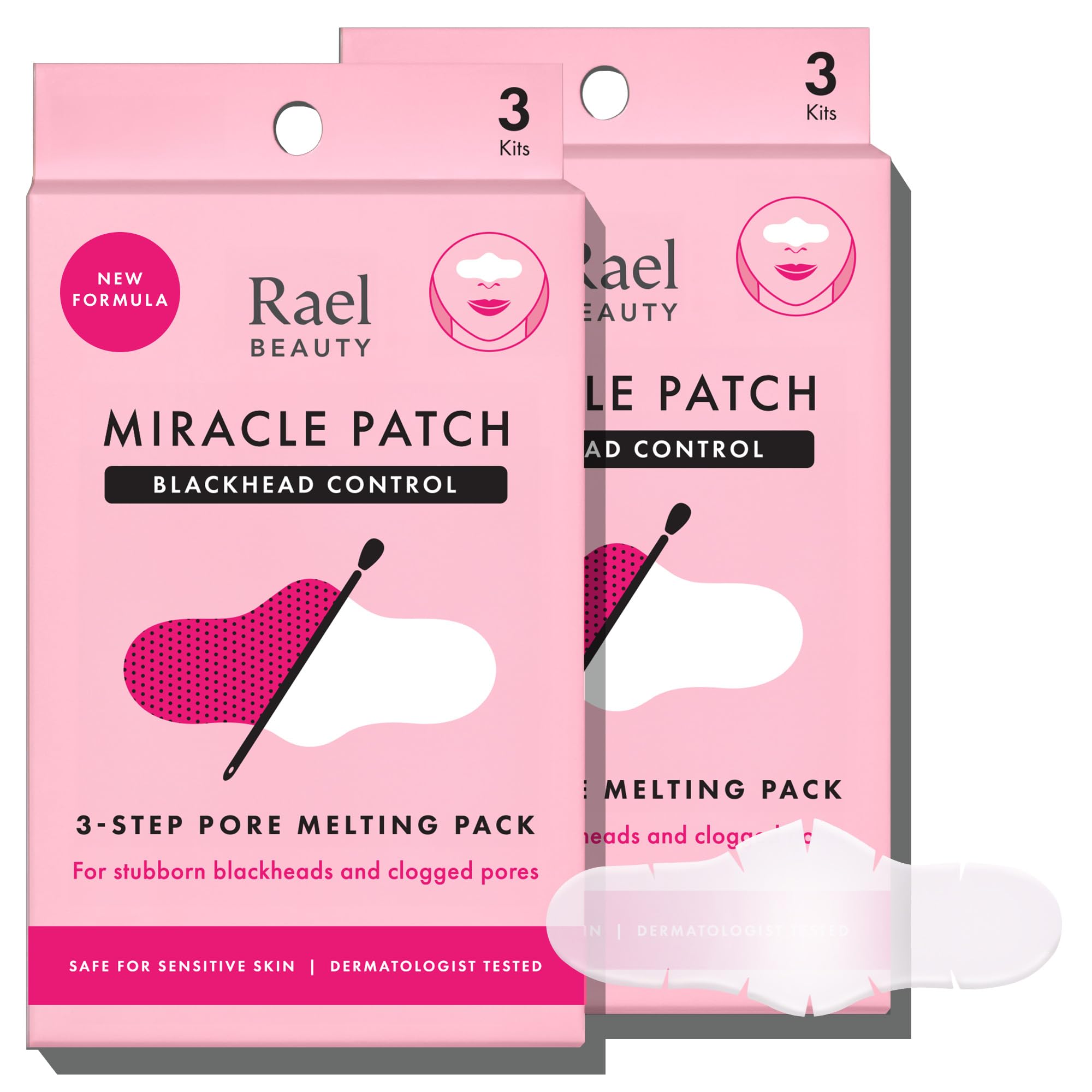 Rael Blackhead Remover nose strip close-up illustrating pore-clearing action for clear-looking skin.