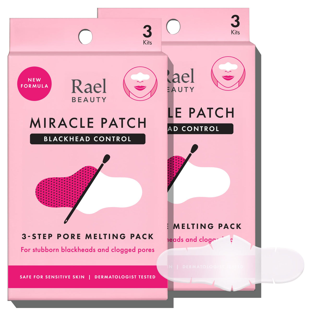 Rael Blackhead Remover nose strip close-up illustrating pore-clearing action for clear-looking skin.
