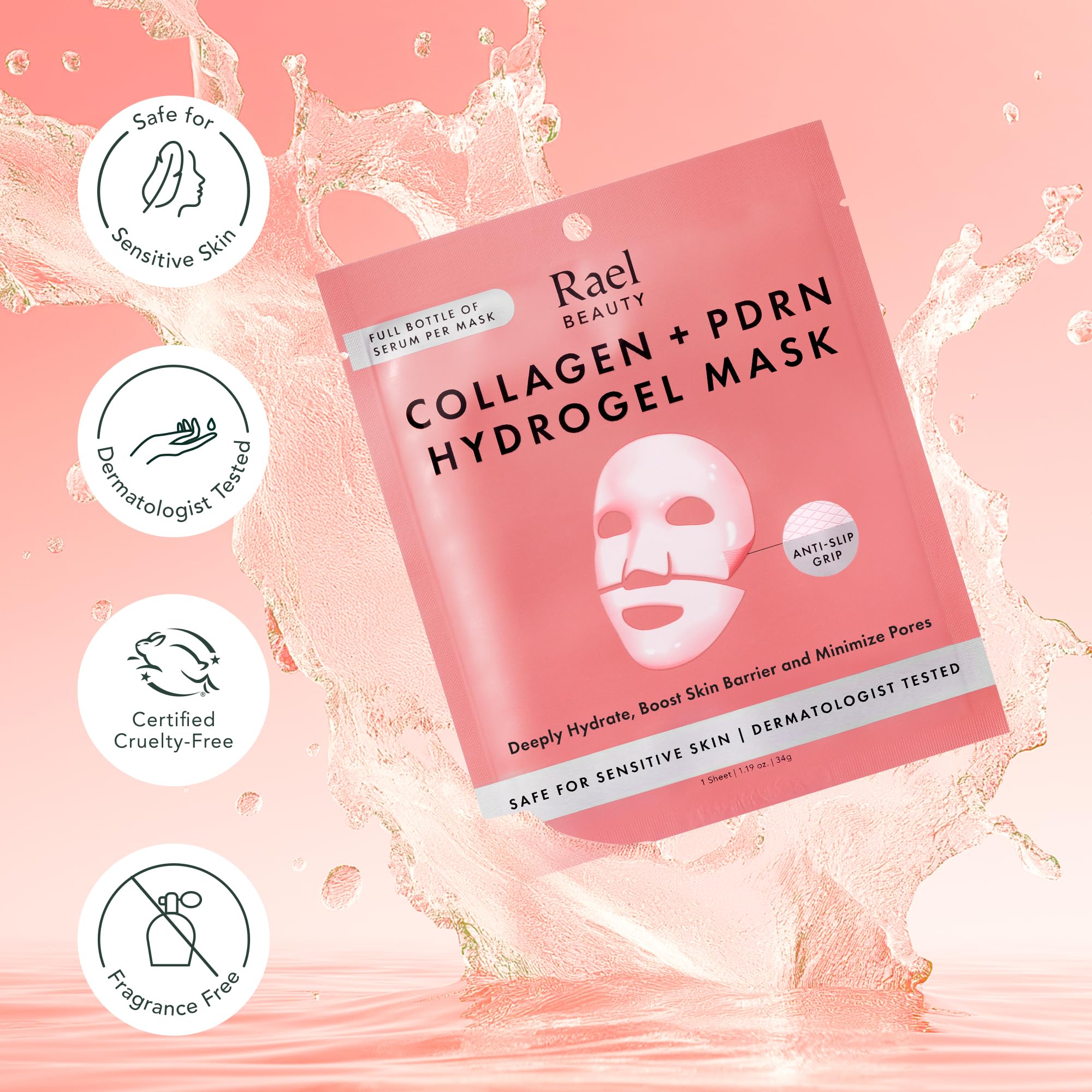 Rael hydrogel mask absorption turns translucent with serum uptake.