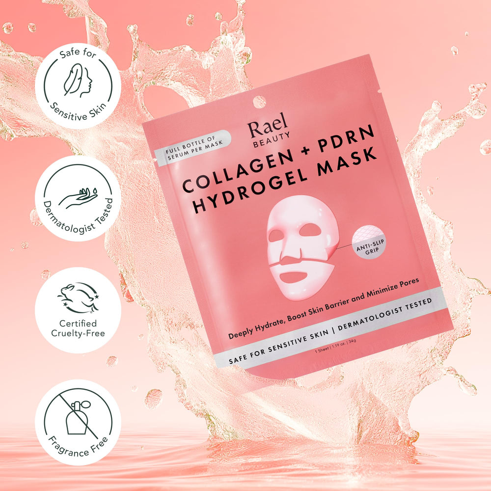 Rael hydrogel mask absorption turns translucent with serum uptake.