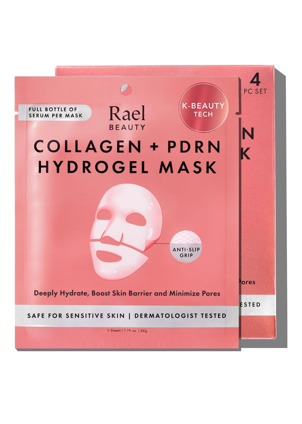 Rael collagen PDRN hydrogel mask packaging ready for at-home hydration.