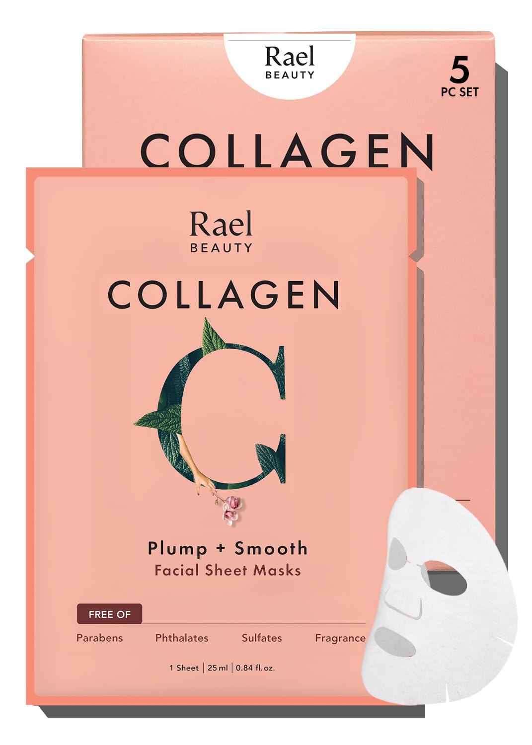 Rael collagen sheet mask close-up highlighting hydrating, plumping action.