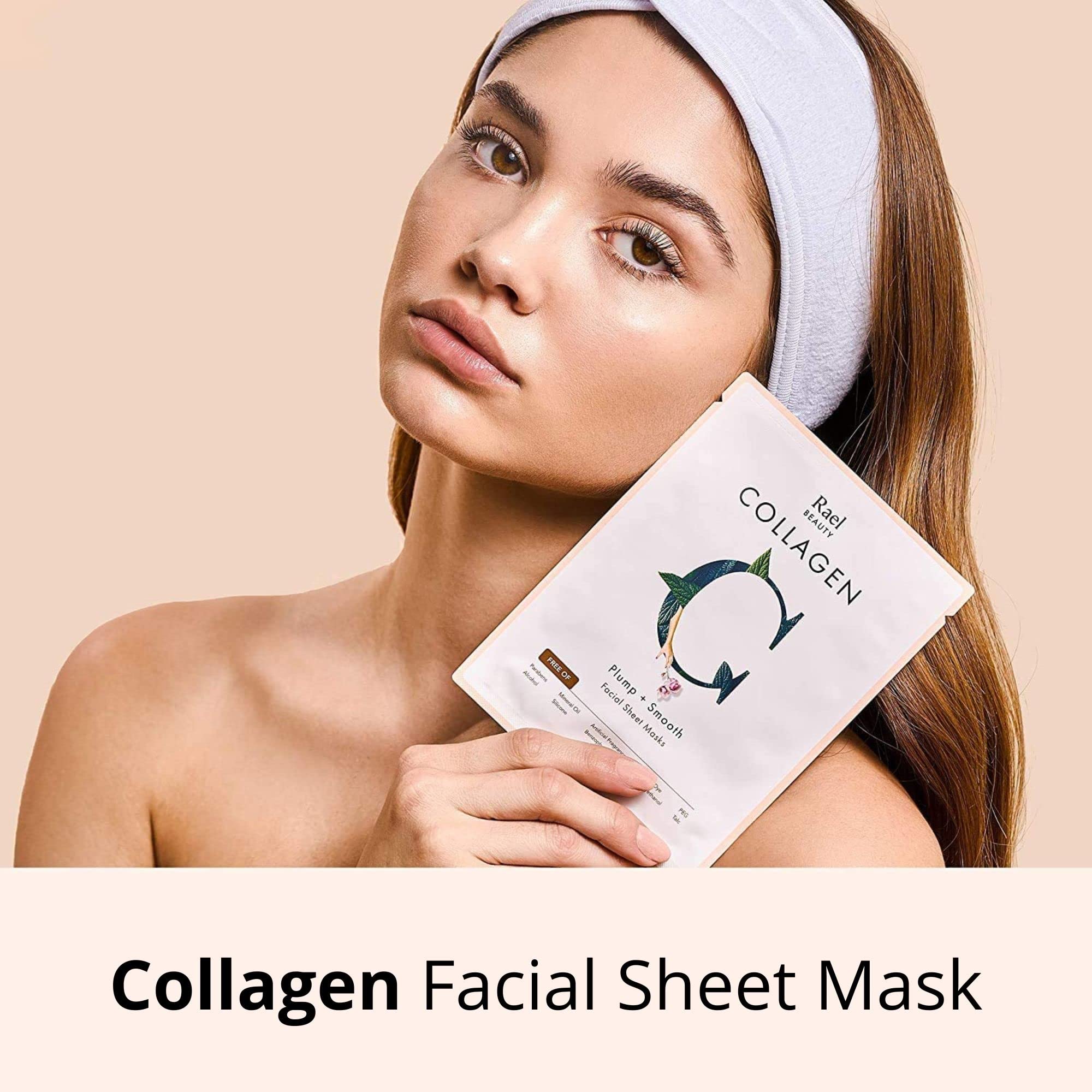 Rael mask packaging close-up showing collagen and fruit extract ingredients.