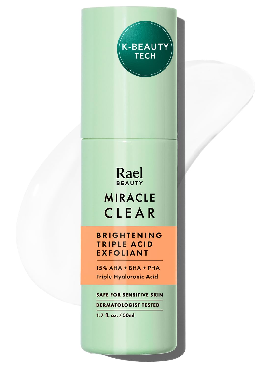Rael Miracle Clear bottle application shows triple-acid exfoliation for smoother, radiant skin.