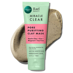 Rael Miracle Clear Clay Mask jar closeup shows smooth texture for gentle pore refinement
