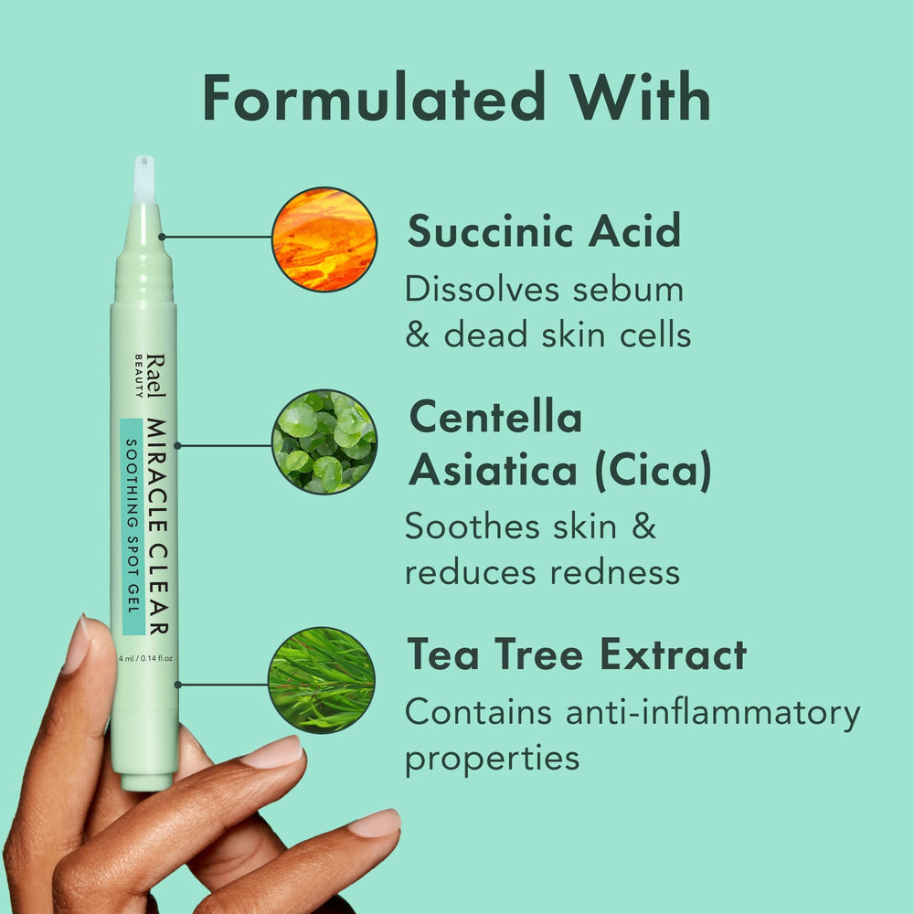 Rael tea tree and succinic acid highlight soothing action.