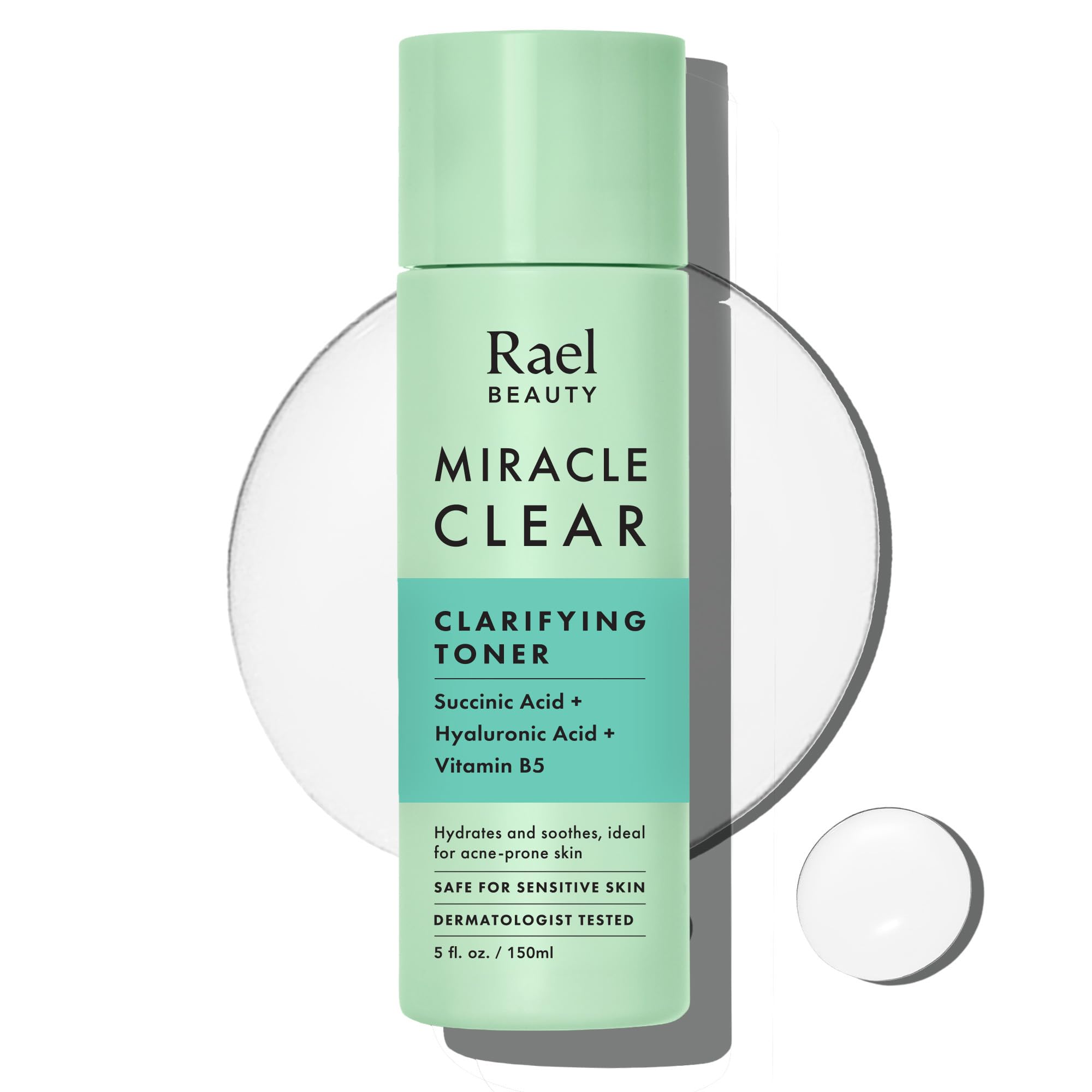 Rael Miracle Clear toner bottle showcases hydrating daily skincare for blemish-prone skin.