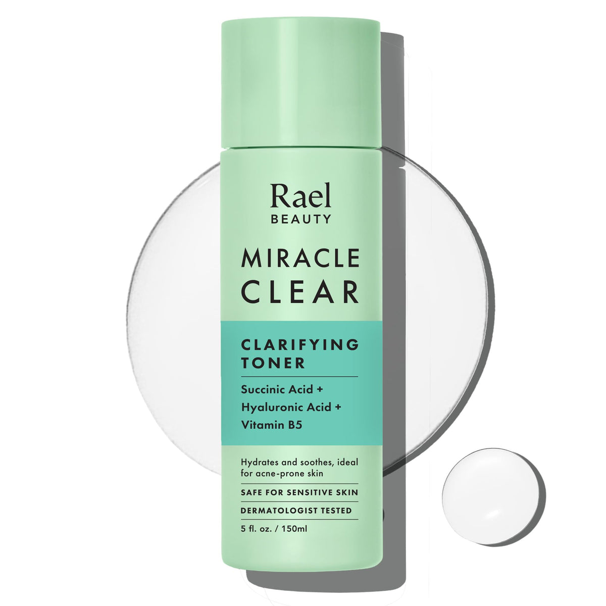 Rael Miracle Clear toner bottle showcases hydrating daily skincare for blemish-prone skin.