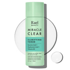 Rael Miracle Clear toner bottle showcases hydrating daily skincare for blemish-prone skin.