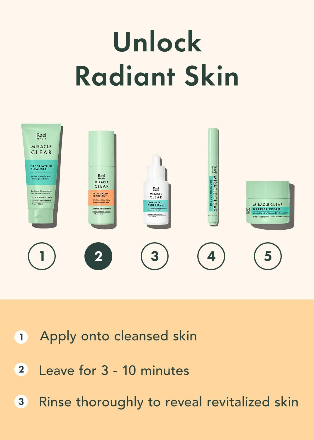 Rael Miracle Clear triple-acid guide imagery suggests gentle exfoliation steps.