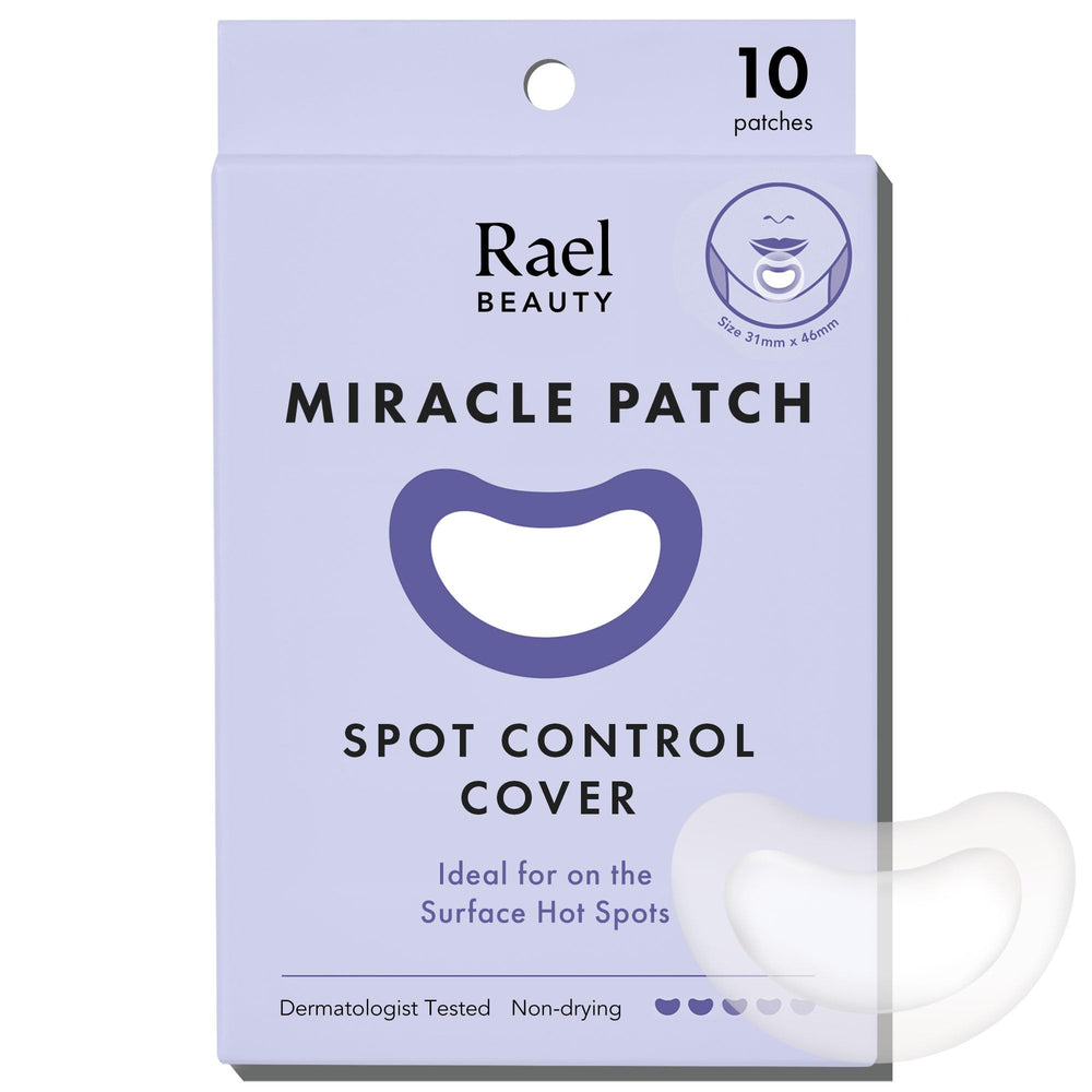 Rael pimple patches box front shows discreet blemish coverage for day wear.