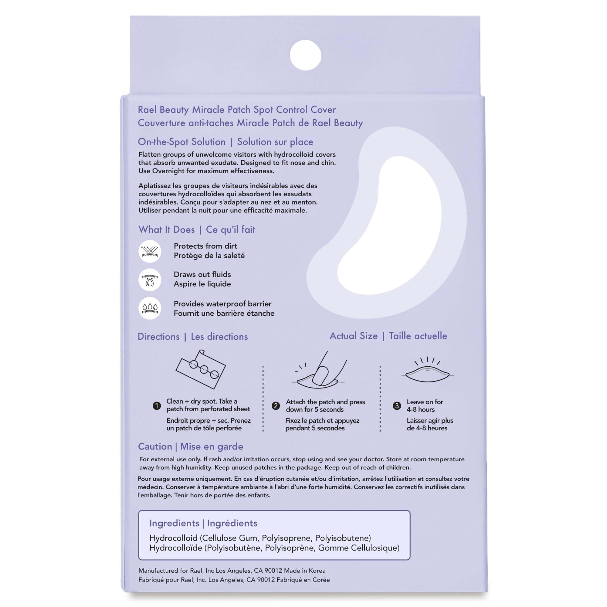 Rael hydrocolloid technology patches protect blemishes while absorbing fluids.
