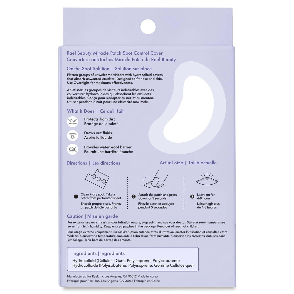 Rael hydrocolloid technology patches protect blemishes while absorbing fluids.