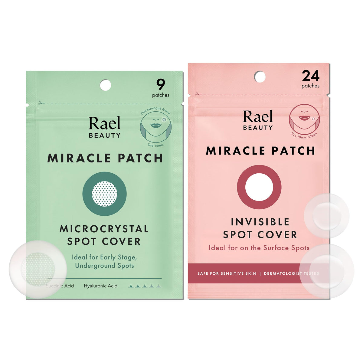 Rael Pimple Patches invisible two-sizes blend with skin for discreet blemish coverage.