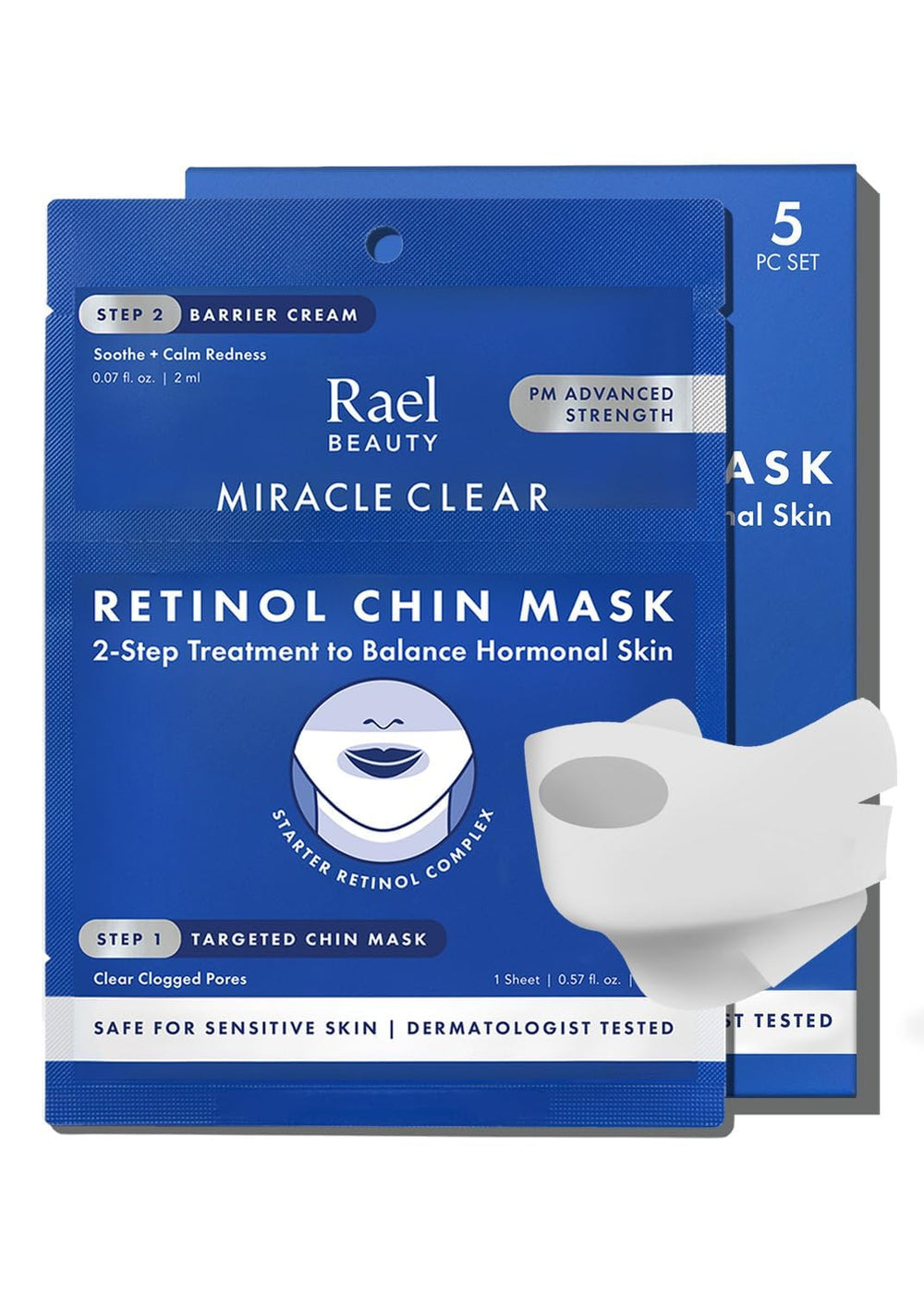 Rael retinol chin mask on chin area targets blemish-prone skin.