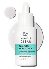 Rael Serum bottle closeup highlights the pore-minimizing formula for clearer skin.