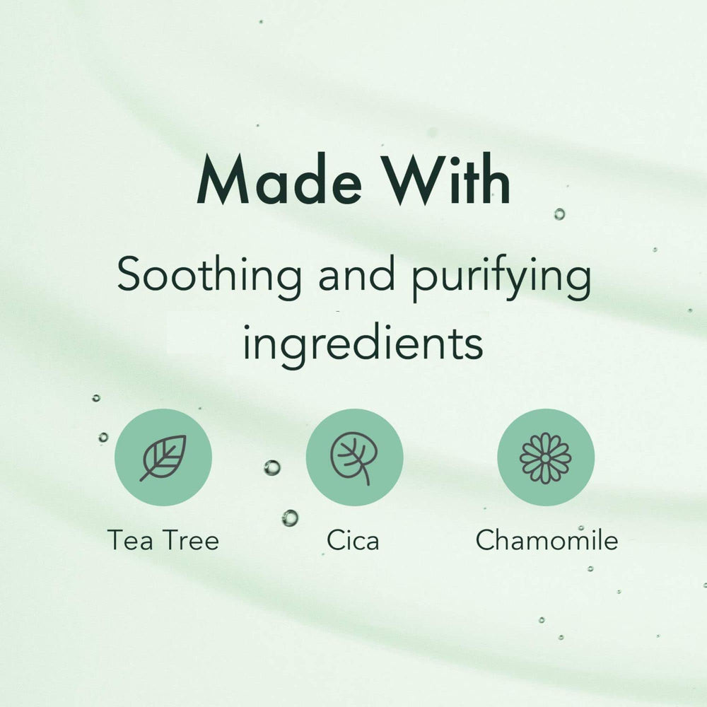 Rael Tea Tree Face Mask on-face closeup showing soothing, cooling relief.