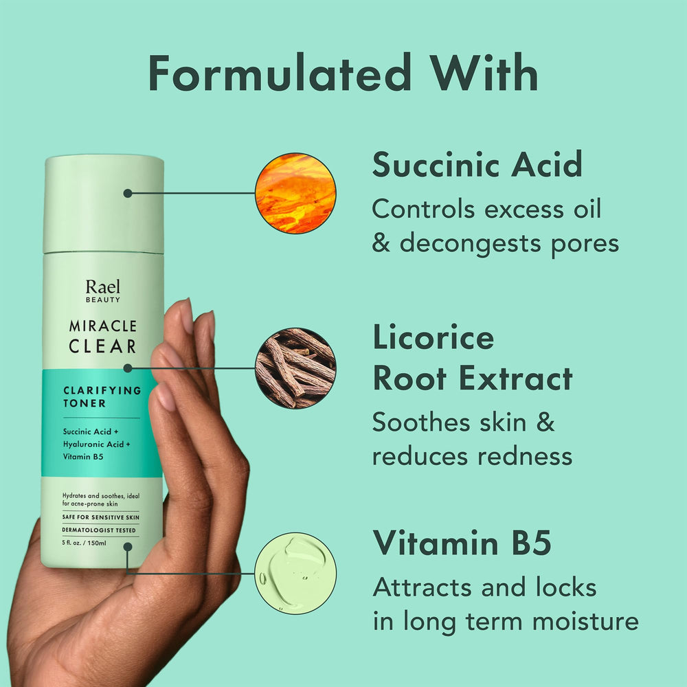 Rael toner with licorice root calm extract promotes soothing comfort during routine.