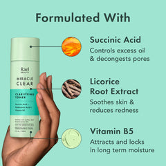 Rael toner with licorice root calm extract promotes soothing comfort during routine.