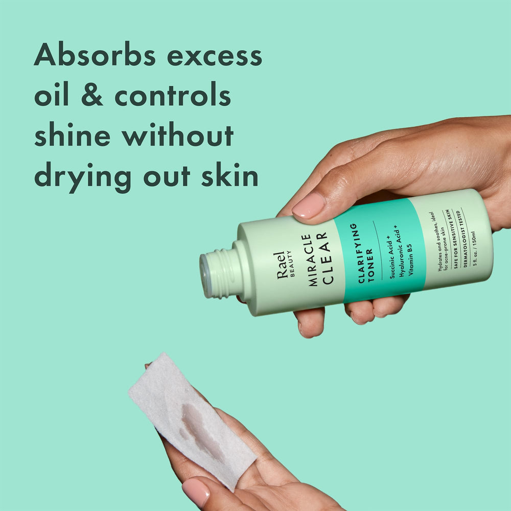 Rael toner succinic acid drops close-up emphasizes oil control for shine-prone skin.