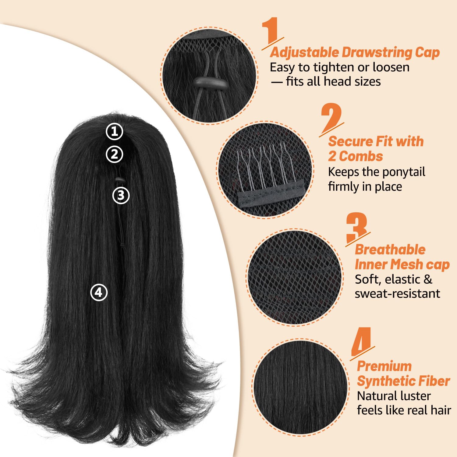 Rafabcici drawstring ponytail installation-easy enables quick, secure wear with built-in combs.