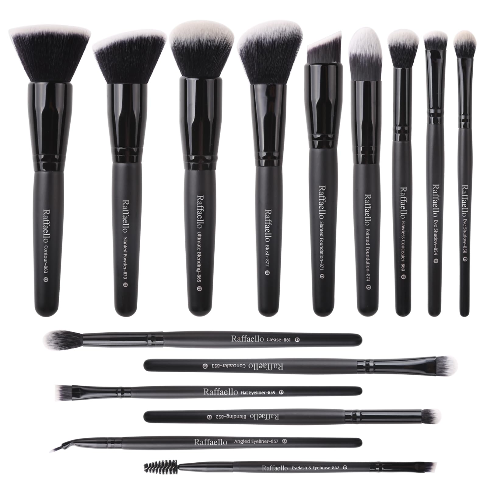Raffaello 15-piece makeup brush set front view for complete face makeup versatility