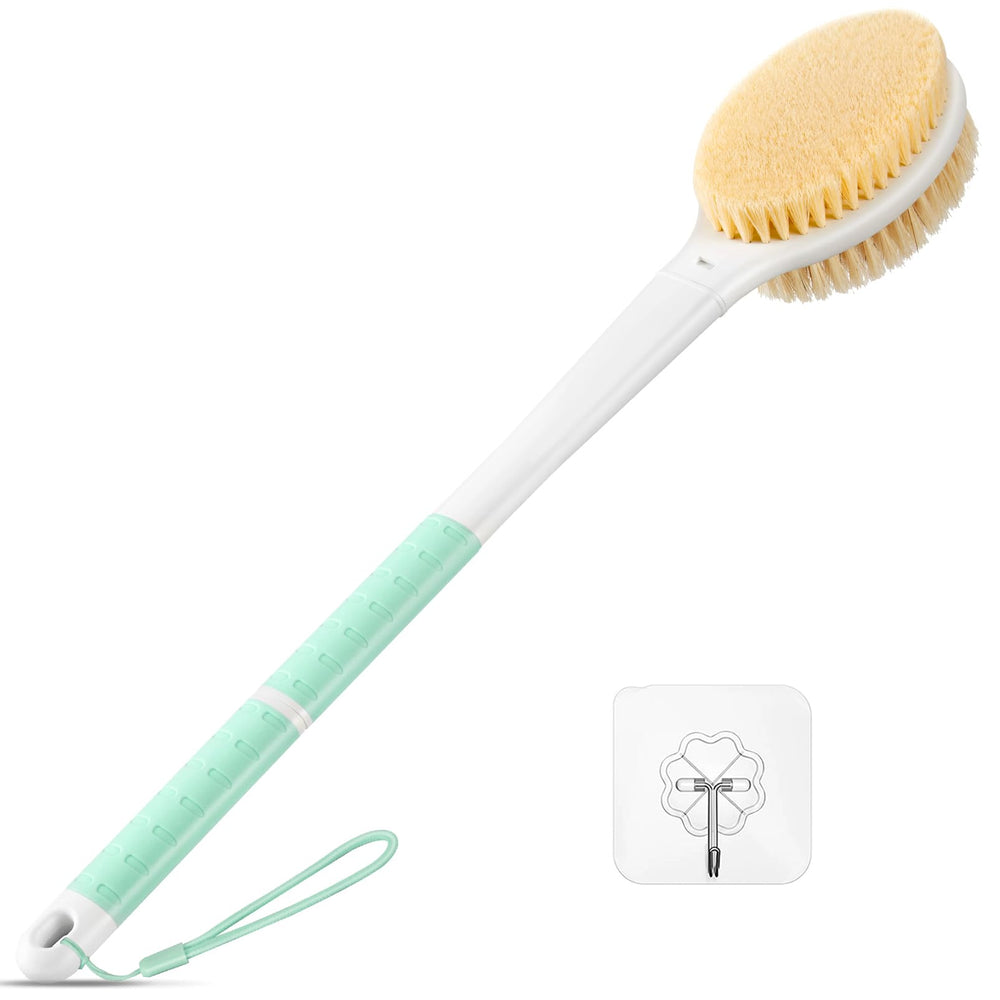 Rafow back-scrubber 18in-handle eases reaching your back for thorough cleansing.