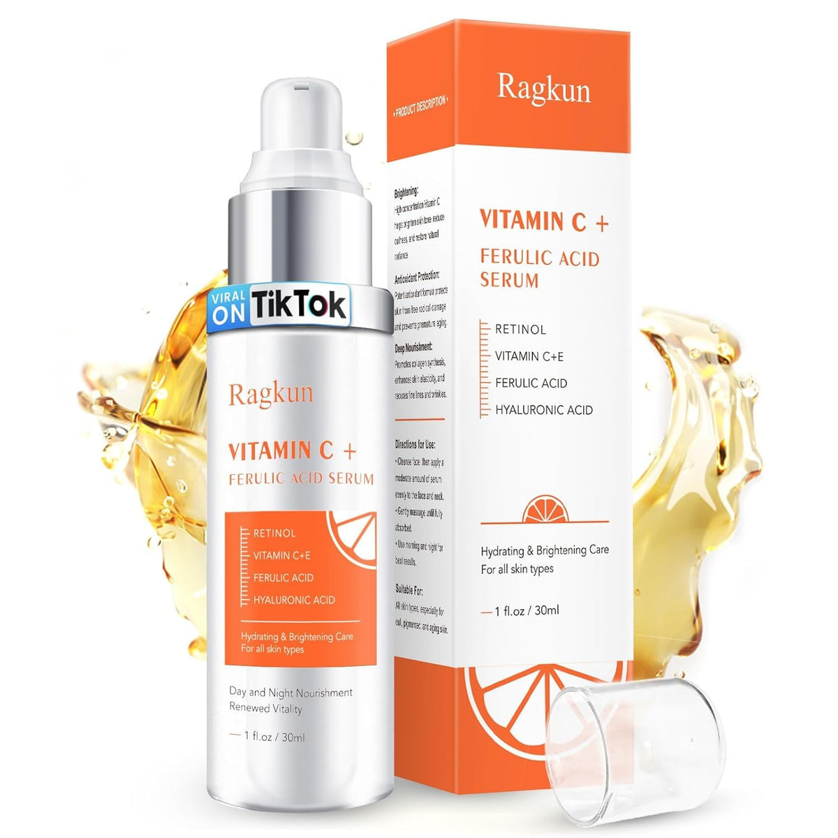 Ragkun 20% Vitamin C Serum bottle front promotes brightening and anti-aging skin care.