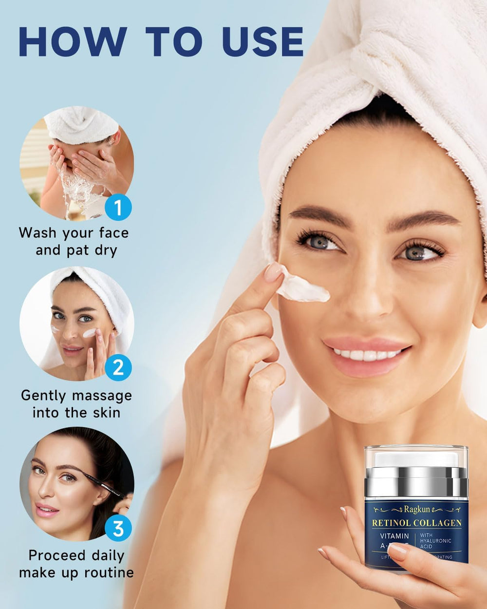 Ragkun crema retinol, textura suave, absorción rápida para piel hidratada.