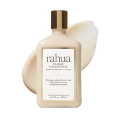 Rahua Classic Conditioner bottle closeup for vegan hydration and soft hair.