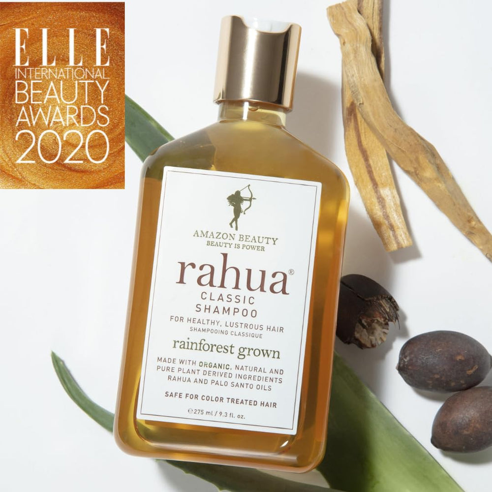 Rahua Classic Shampoo bottle with palo santo aroma for a calming scent.