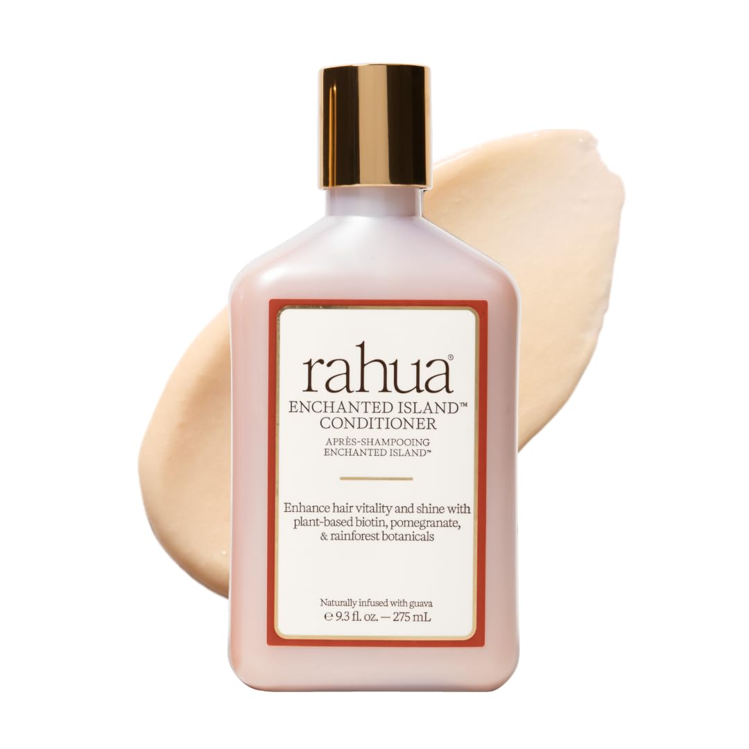 Rahua Enchanted Island conditioner bottle front delivering radiant shine and strengthened strands.